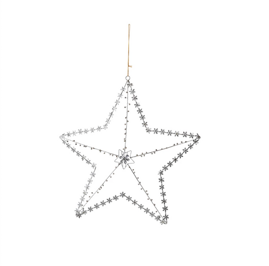 Glass Beaded Metal Star Ornament w/ Jeweled Flowers, Silver Finish