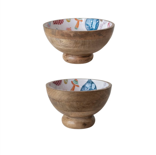 Enameled Mango Wood Footed Bowls w/ Seasonal Pattern