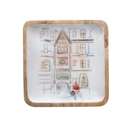 Enameled Mango Wood Tray w/ Village Christmas Scene & Holiday Girl