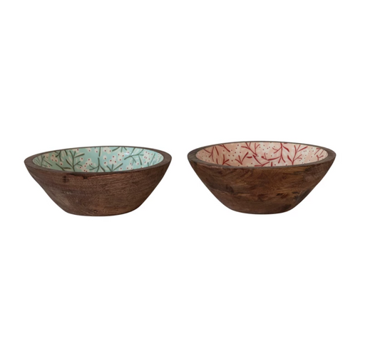 Enameled Mango Wood Bowl With Berry Pattern, 2 Colors