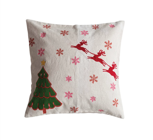 18" Square Cotton & Linen Printed Pillow w/ Reindeer, Embroidered Snowflakes & Tree