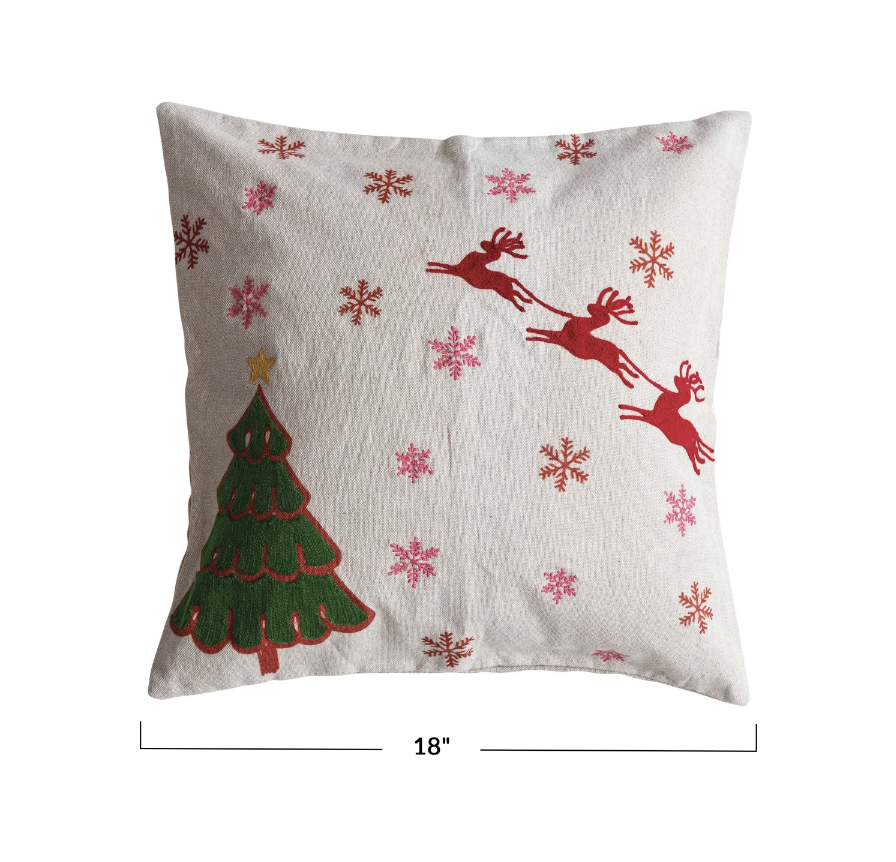 18" Square Cotton & Linen Printed Pillow w/ Reindeer, Embroidered Snowflakes & Tree