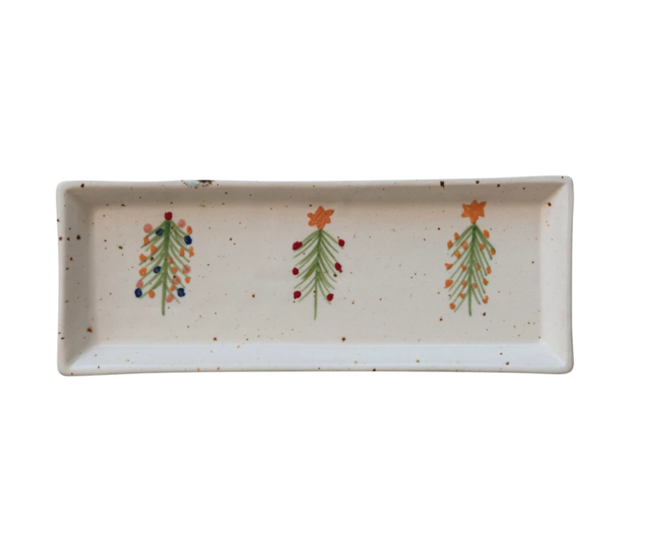 Hand-Painted Stoneware Platter w/ Christmas Trees