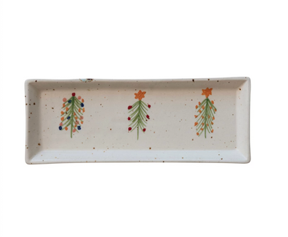 Hand-Painted Stoneware Platter w/ Christmas Trees