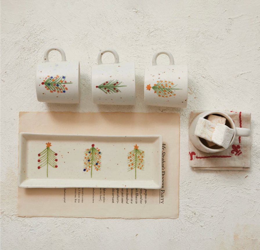 Hand-Painted Stoneware Platter w/ Christmas Trees