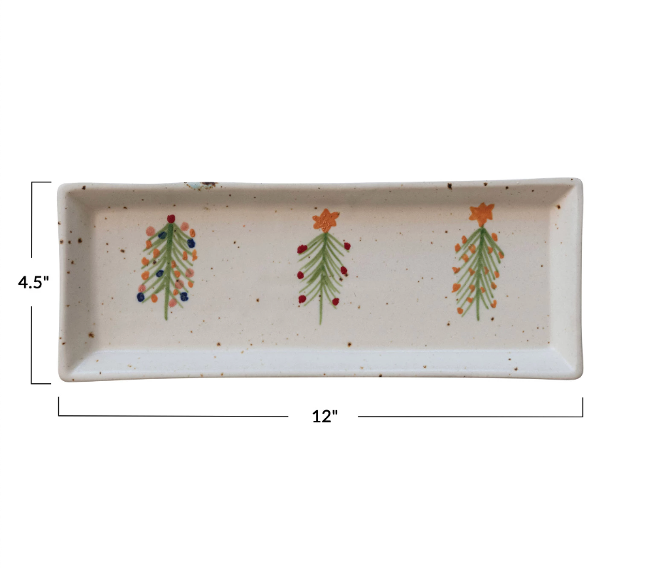 Hand-Painted Stoneware Platter w/ Christmas Trees