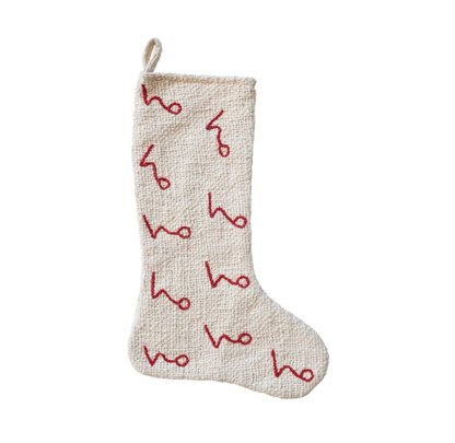 Woven Cotton Stocking w/ Embroidered "Ho Ho Ho" Pattern, Natural & Red