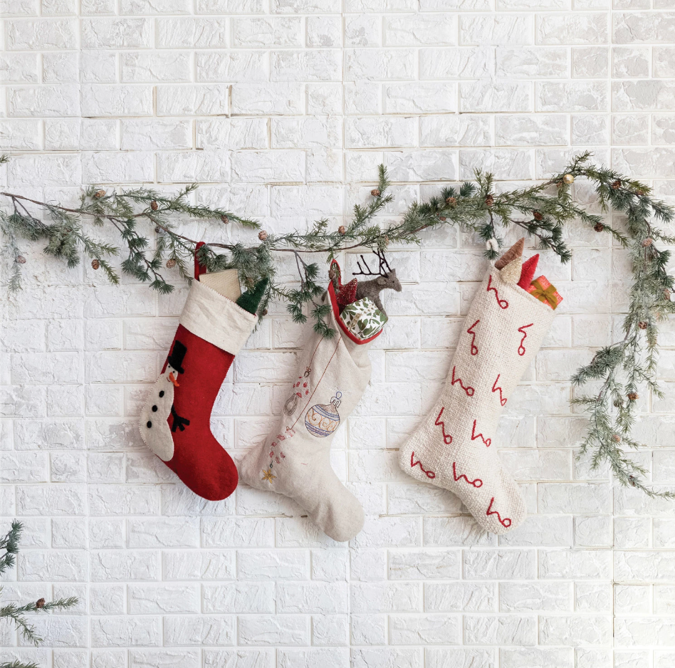 Woven Cotton Stocking w/ Embroidered "Ho Ho Ho" Pattern, Natural & Red