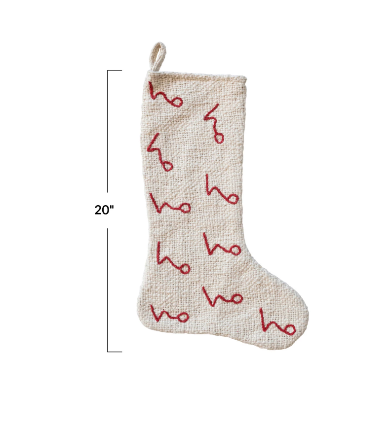 Woven Cotton Stocking w/ Embroidered "Ho Ho Ho" Pattern, Natural & Red