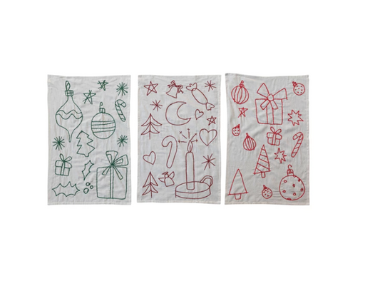 Woven Cotton & Linen Tea Towel w/ Embroidered Holiday Icons, 3 Colors, 3 Styles