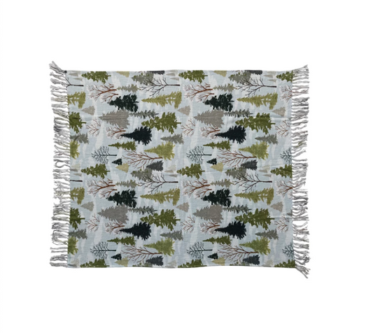 Cotton Slub Printed Throw w/ Trees Pattern & Fringe, Multi Color