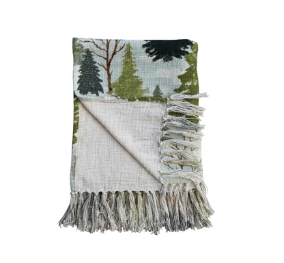 Cotton Slub Printed Throw w/ Trees Pattern & Fringe, Multi Color