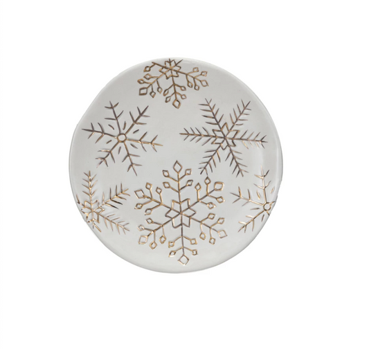 Stoneware Plate w/ Gold Electroplated Snowflakes, White