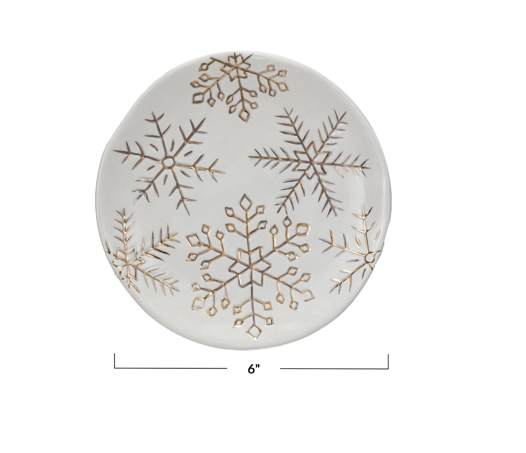 Stoneware Plate w/ Gold Electroplated Snowflakes, White