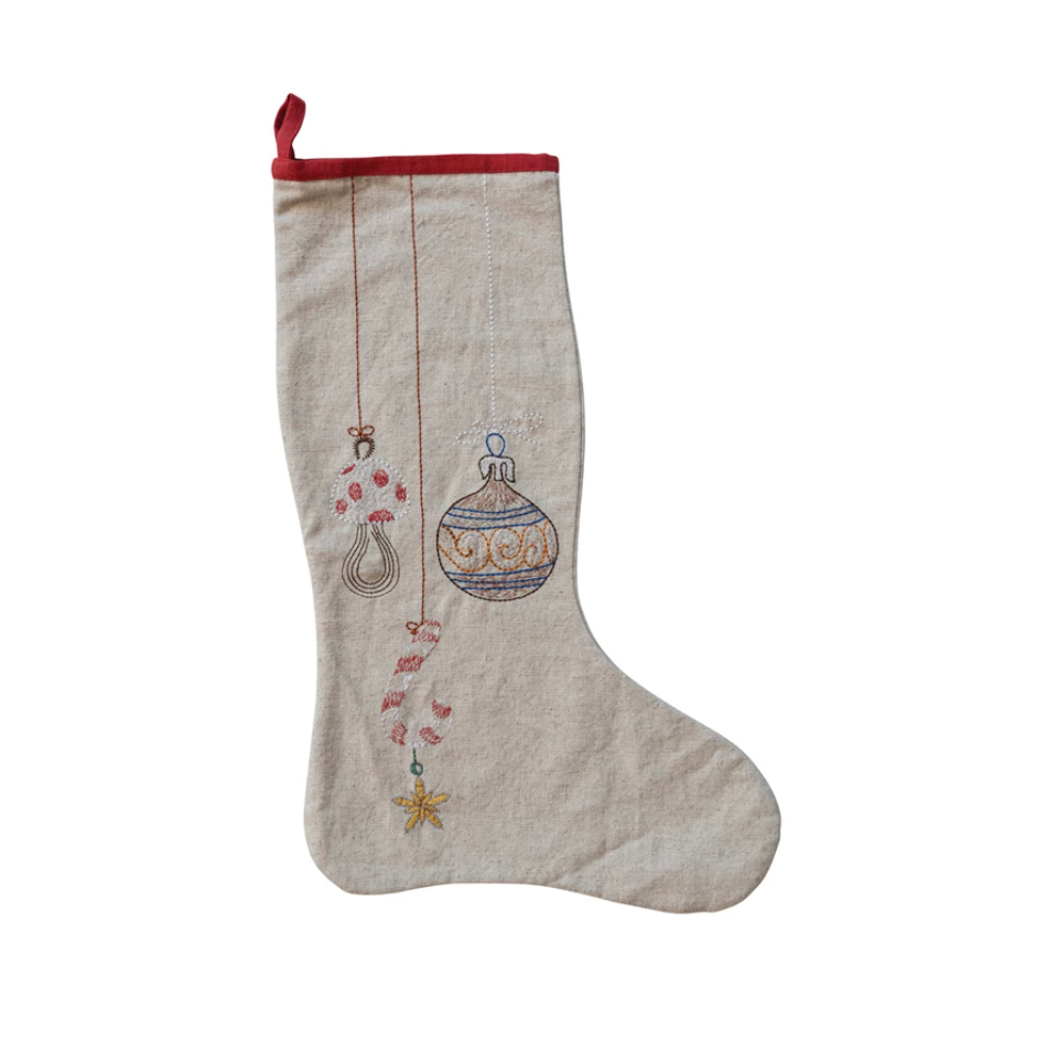 Cotton & Linen Stocking w/ Embroidered Ornaments & Red Edge, Multi Color