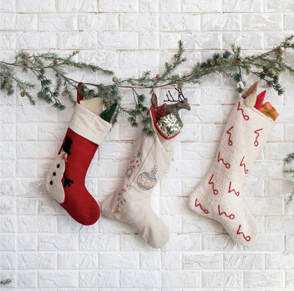 Cotton & Linen Stocking w/ Embroidered Ornaments & Red Edge, Multi Color