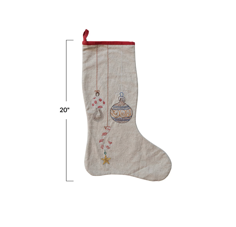 Cotton & Linen Stocking w/ Embroidered Ornaments & Red Edge, Multi Color