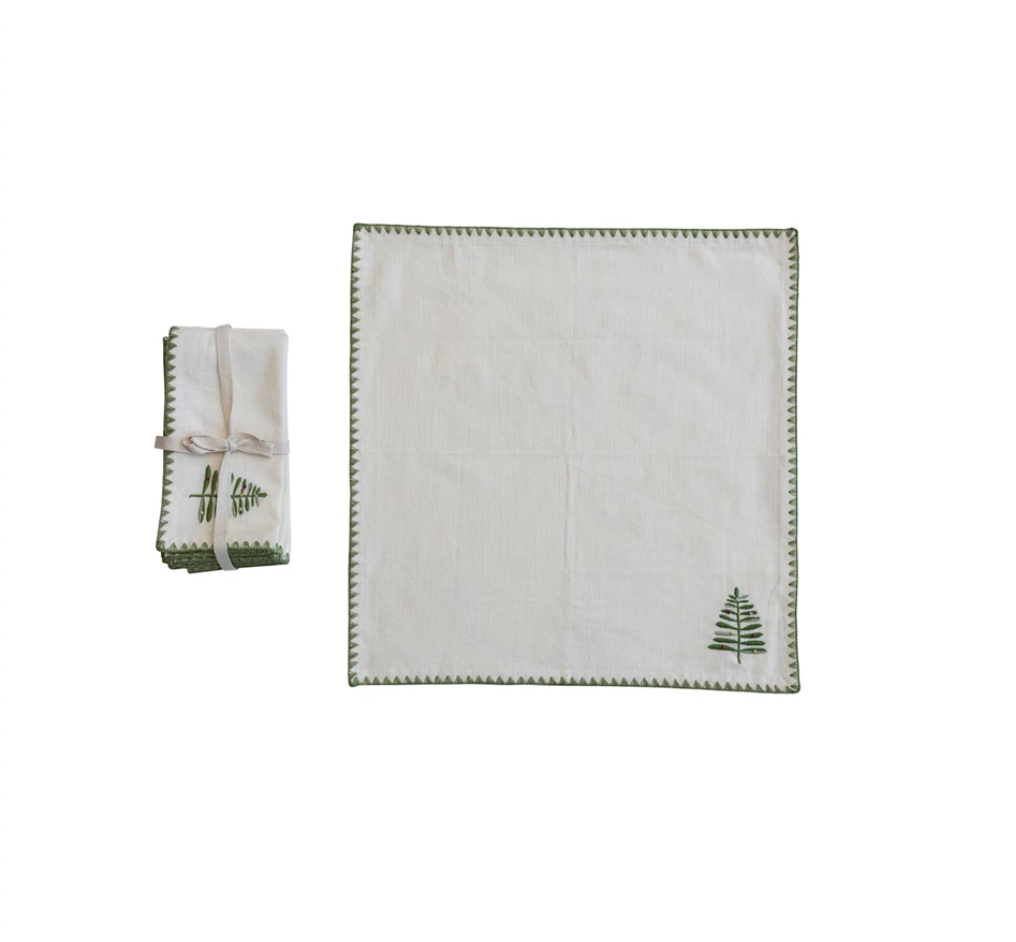 Cotton Napkins w/ Embroidered Tree & Edge, Natural & Green, Set of 4