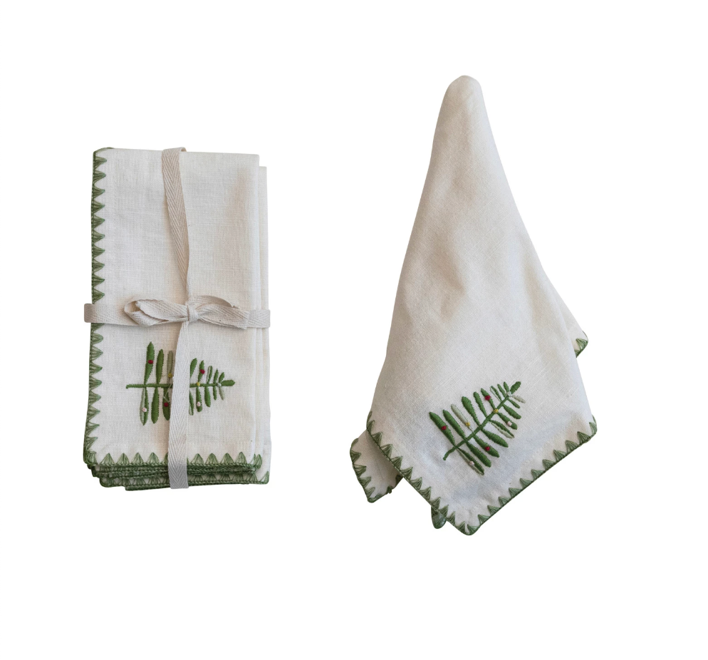 Cotton Napkins w/ Embroidered Tree & Edge, Natural & Green, Set of 4