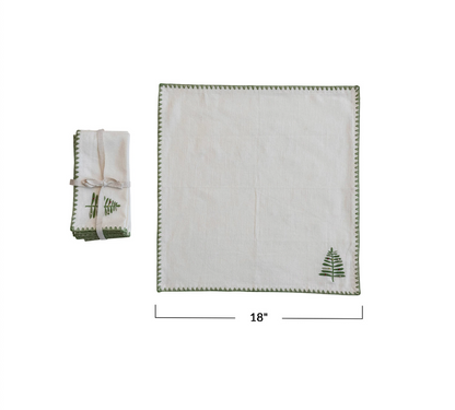 Cotton Napkins w/ Embroidered Tree & Edge, Natural & Green, Set of 4