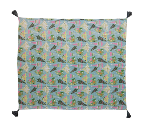 Cotton Slub Printed Throw w/ Christmas Trees Pattern & Tassels