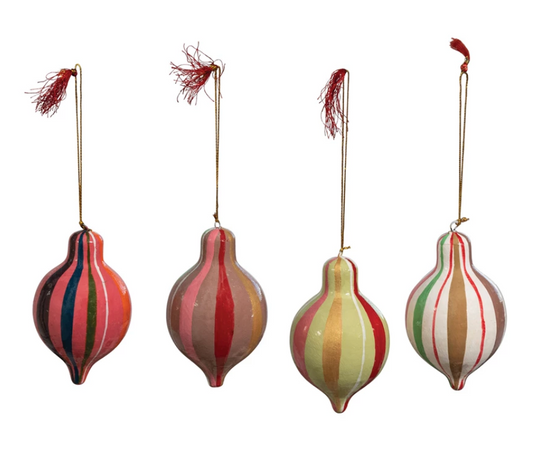 Hand-Painted Paper Mache Finial Ornament with Stripes, 4 Styles