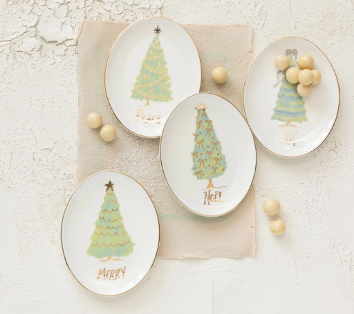 Oval Stoneware Dish with Christmas Tree, Word, 4 Styles