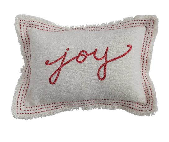 Woven Cotton Blend Textured Lumbar Pillow with Embroidery & Fringe "Joy"