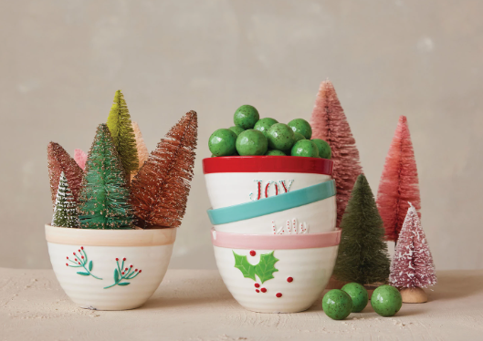 Stoneware Bowl with Holiday Word/Botanicals, 3 Styles