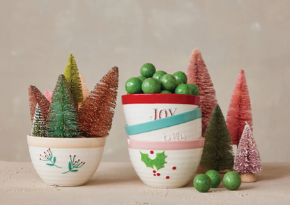 Stoneware Bowl with Holiday Word/Botanicals, 3 Styles