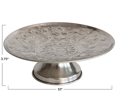 Embossed Metal Footed Pedestal, Silver Finish