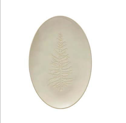 Oval Debossed Stoneware Platter w/ Tree Design, White