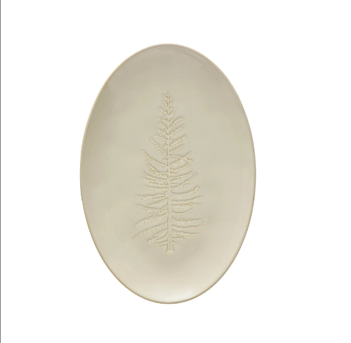 Oval Debossed Stoneware Platter w/ Tree Design, White