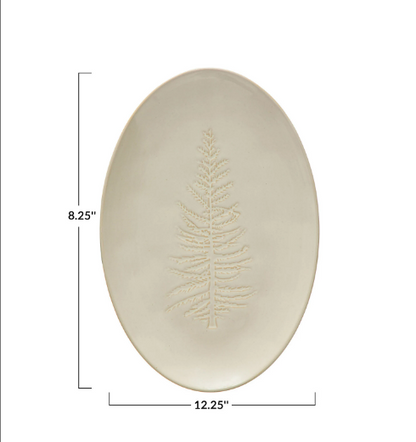 Oval Debossed Stoneware Platter w/ Tree Design, White