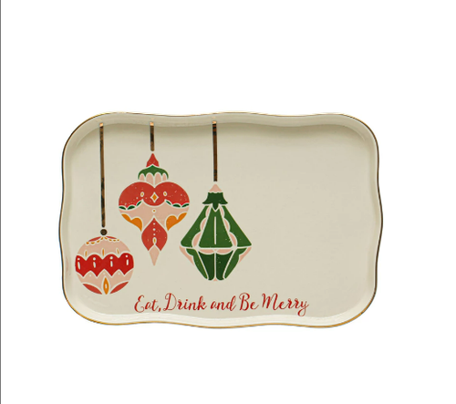 "Eat, Drink And Be Merry" Stoneware Tray w/ Ornaments