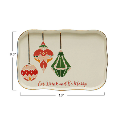 "Eat, Drink And Be Merry" Stoneware Tray w/ Ornaments