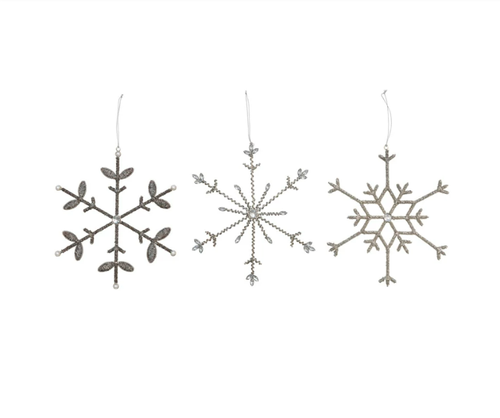 Glass Beaded Metal & Acrylic Jewel Snowflake Ornament, Silver Finish, 3 Styles