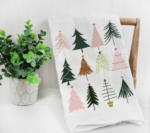 Watercolor Boho Christmas Trees Kitchen Towel