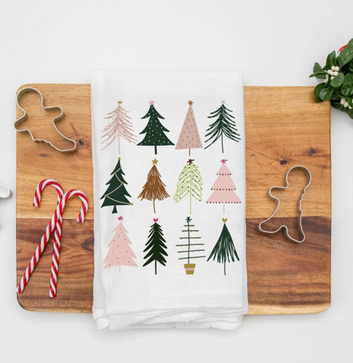 Watercolor Boho Christmas Trees Kitchen Towel