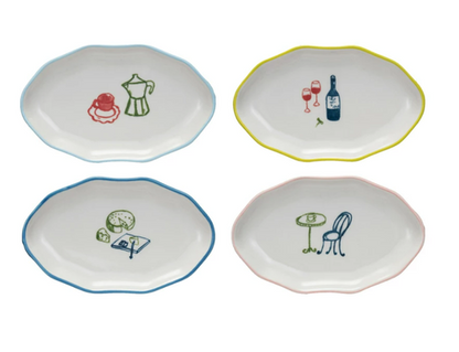 Hand-Painted Stoneware Dish w/ Colored Rim & Bistro Image, 4 Styles