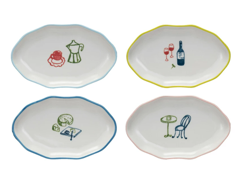 Hand-Painted Stoneware Dish w/ Colored Rim & Bistro Image, 4 Styles