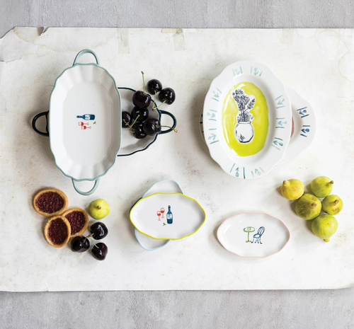 Hand-Painted Stoneware Dish w/ Colored Rim & Bistro Image, 4 Styles
