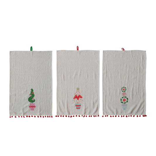 Linen Blend Printed Tea Towel w/ Topiary, Pom Pom Trim & Loop, 3 Styles