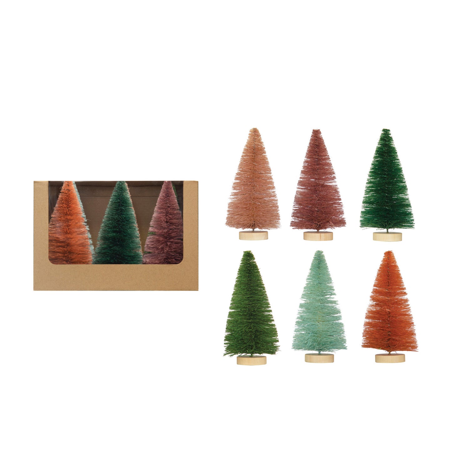 Sisal Bottle Brush Trees w/ Wood Bases, Multi Color