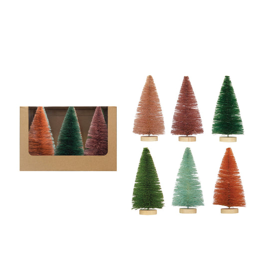 Sisal Bottle Brush Trees w/ Wood Bases, Multi Color