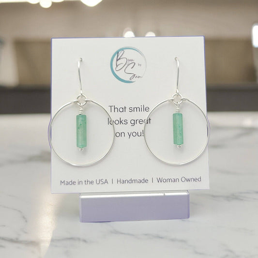 Sterling Silver Hoop Earrings with Green Aventurine Handmade