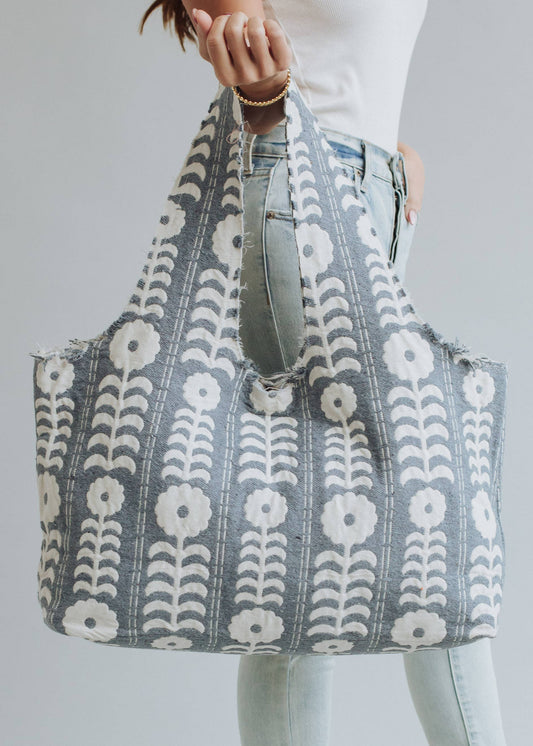 Lt. Blue Floral Slouchy Tote