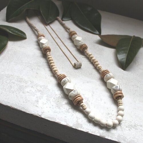 Wood + Bone Bead Statement Necklace -  Boho Neutral White