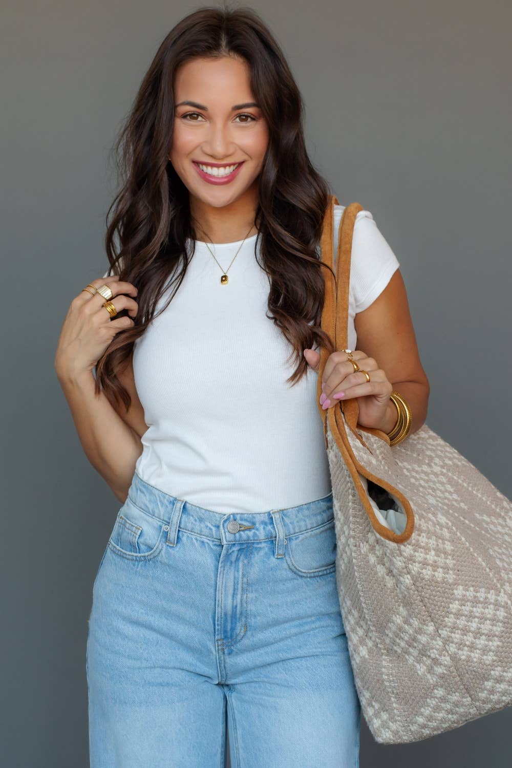 Beige & Cream Diamond Pattern Tote - La Vie Est Belle