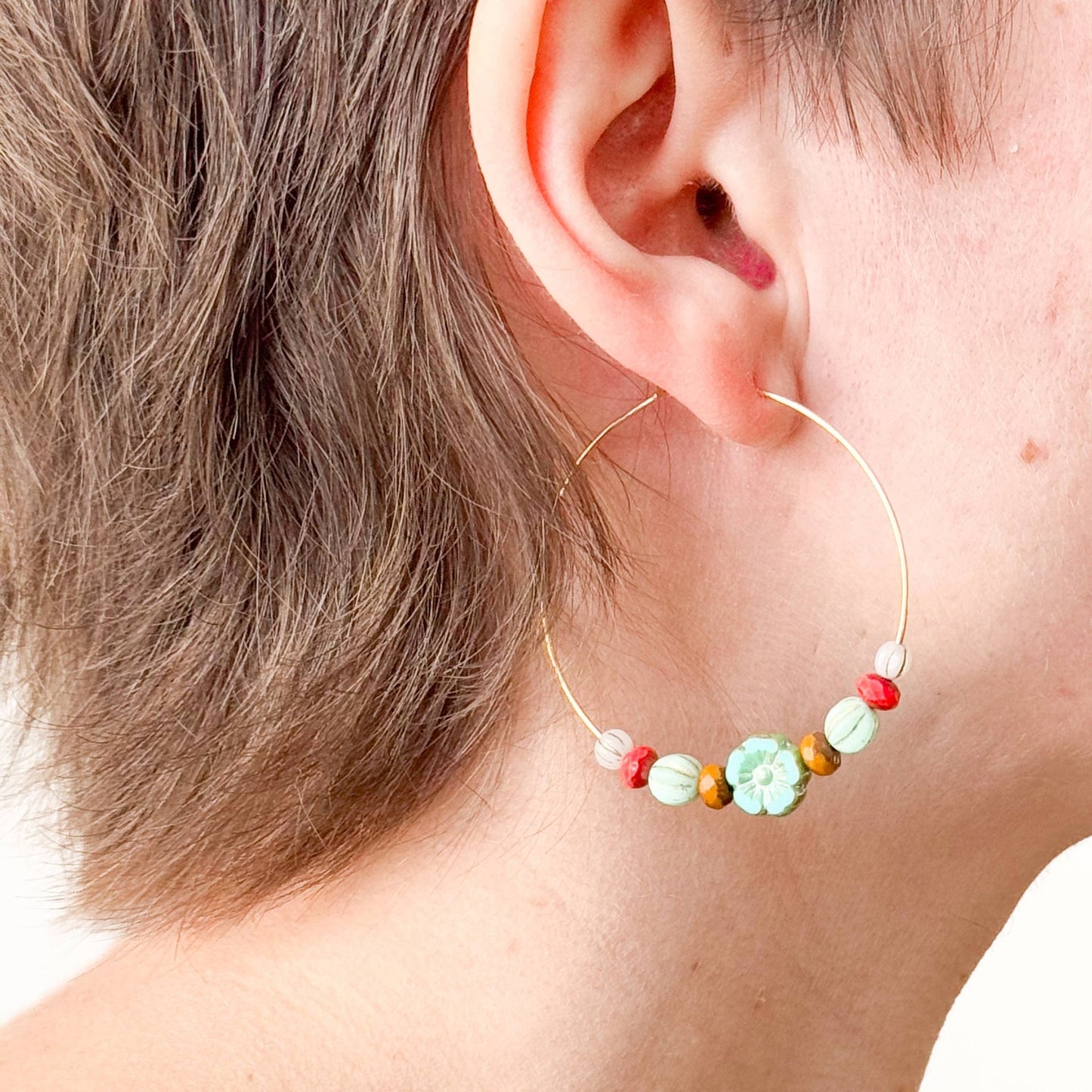 Big Gold Hoops With Turquoise Glass Flower Beads - La Vie Est Belle